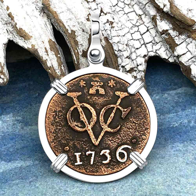 VOC - Dutch East India Company Shipwreck - I Struggle and Survive - 1736 1 Duit Sterling Silver Pendant