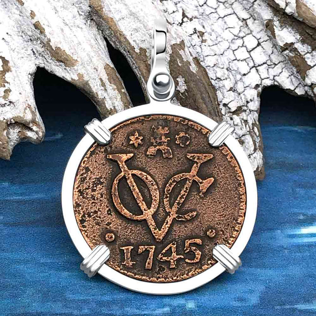 VOC - Dutch East India Company Shipwreck - I Struggle and Survive - 1745 1 Duit Sterling Silver Pendant