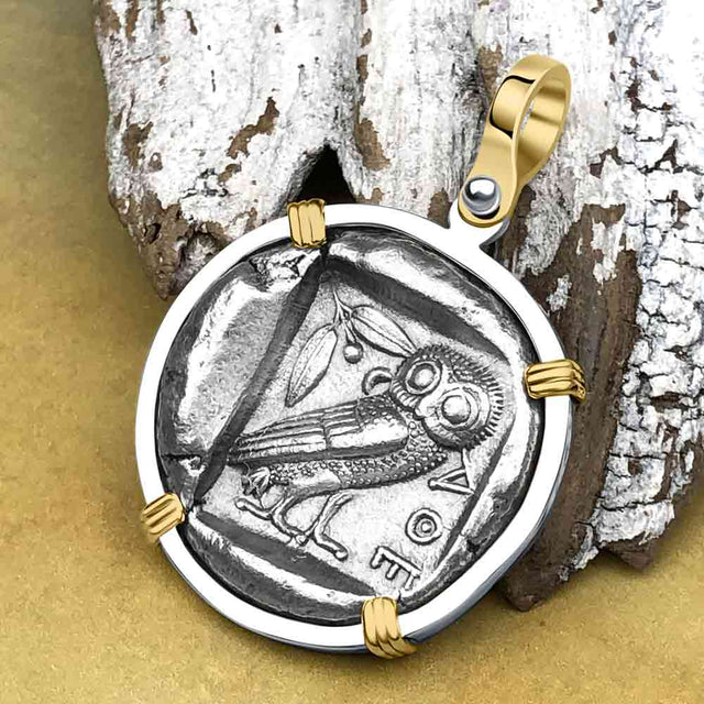 Ancient Greek Athena and the Owl Silver Tetradrachm circa 450 BC 14K Gold and Sterling Silver Pendant