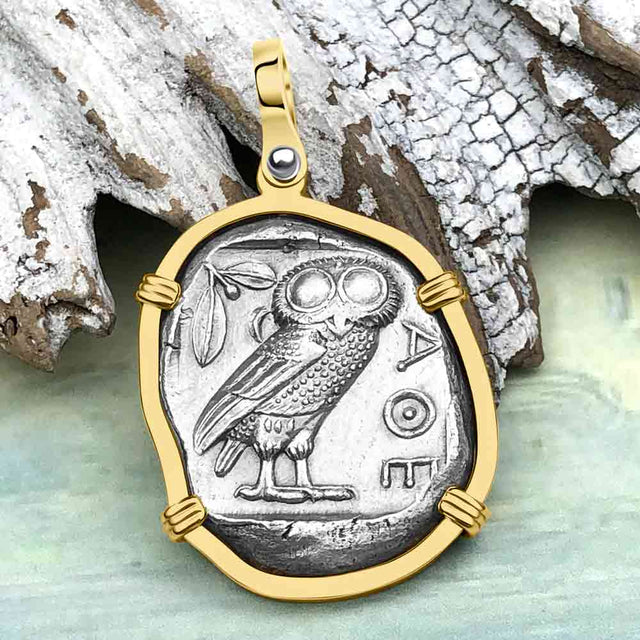 Ancient Greek Athena and the Owl Silver Tetradrachm circa 450 BC RARE Zero-Die 14K Gold Pendant