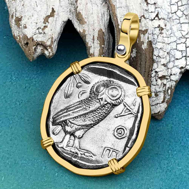 Ancient Greek Athena and the Owl Silver Tetradrachm circa 450 BC 14K Gold Pendant