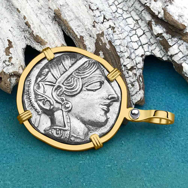 Ancient Greek Athena and the Owl Silver Tetradrachm circa 450 BC 14K Gold Pendant