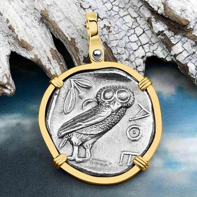 Ancient Greek Athena and the Owl Silver Tetradrachm circa 450 BC 14K Gold Pendant