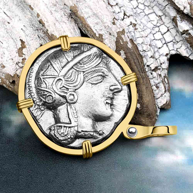 Ancient Greek Athena and the Owl Silver Tetradrachm circa 450 BC 14K Gold Pendant
