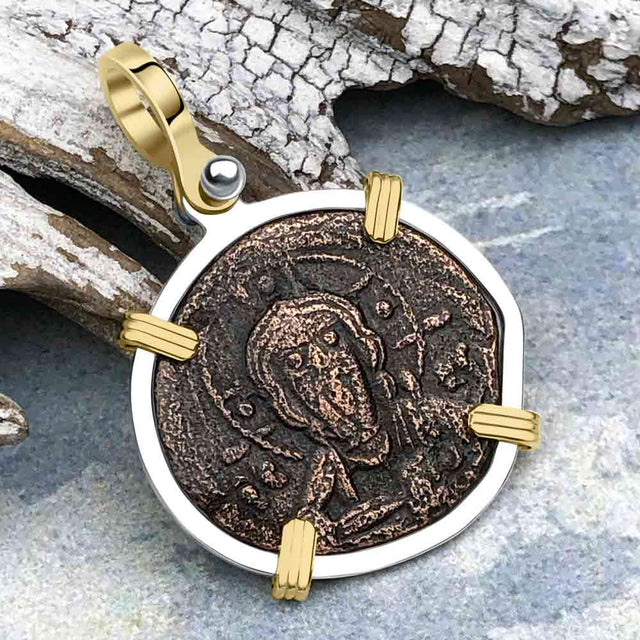 Byzantine Bronze Follis Coin - Jesus Christ, King of Kings 14K Gold and Sterling Silver Pendant