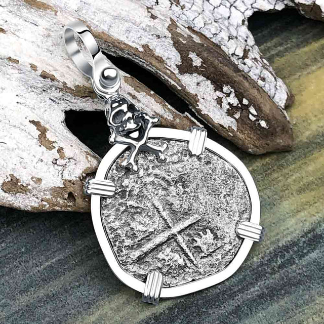 1640s Consolacion Shipwreck Skull and Cross Bones Spanish 1 Reale Piece of 8 Sterling Silver Pendant