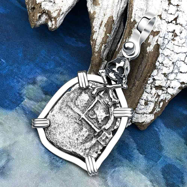 1673 Consolacion Shipwreck Skull and Cross Bones Spanish 1 Reale Piece of 8 Sterling Silver Pendant
