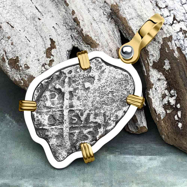 1675 Consolacion Shipwreck Pirate Era Spanish 1 Reale Piece of Eight 14K Gold & Sterling Silver Pendant