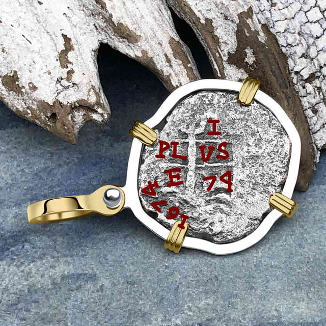1674 Consolacion Shipwreck Pirate Era Spanish 1 Reale Piece of Eight 14K Gold & Sterling Silver Pendant