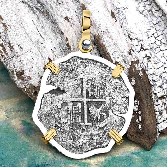 1663 Consolacion Shipwreck Pirate Era Spanish 2 Reale Piece of Eight 14K Gold & Sterling Silver Pendant