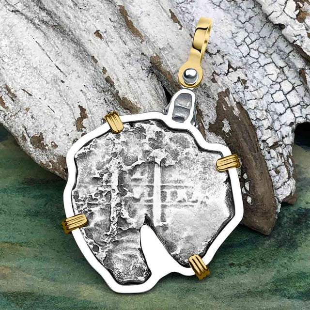 1670s Consolacion Shipwreck Skull and Cross Bones Spanish 4 Reale Piece of Eight 14K Gold & Sterling Silver Pendant