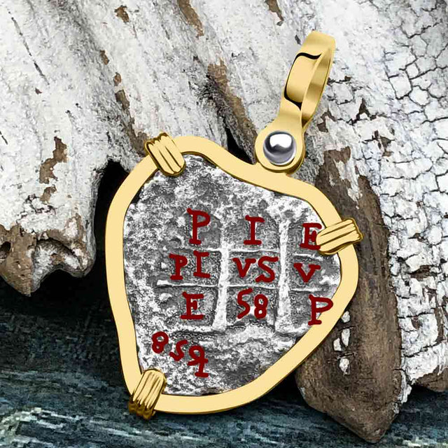 Heart Shaped 1658 Consolacion Shipwreck Pirate Era Spanish 1 Reale Piece of Eight 14K Gold Pendant