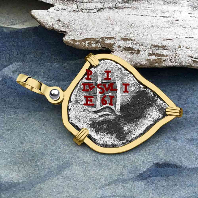 Heart Shaped 1661 Consolacion Shipwreck Pirate Era Spanish 1 Reale Piece of Eight 14K Gold Pendant
