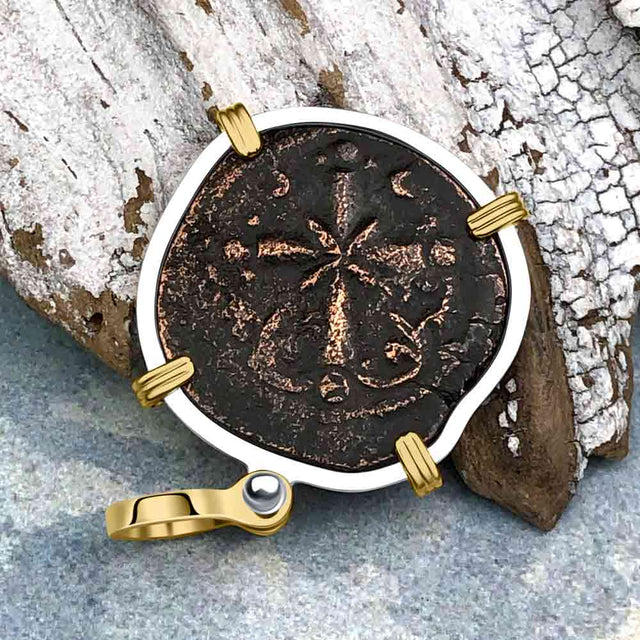 Byzantine Bronze Follis Coin Jesus Christ King of Kings 14K Gold and Sterling Silver Pendant