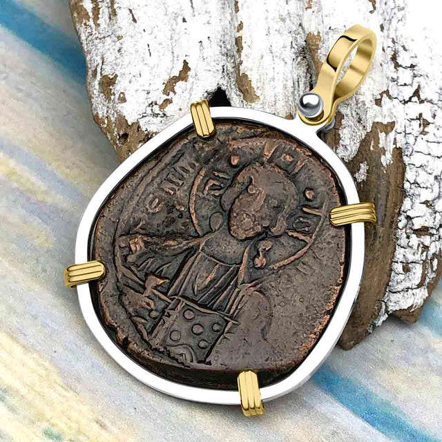 Byzantine Bronze Follis Coin Jesus Christ King of Kings 14K Gold and Sterling Silver Pendant