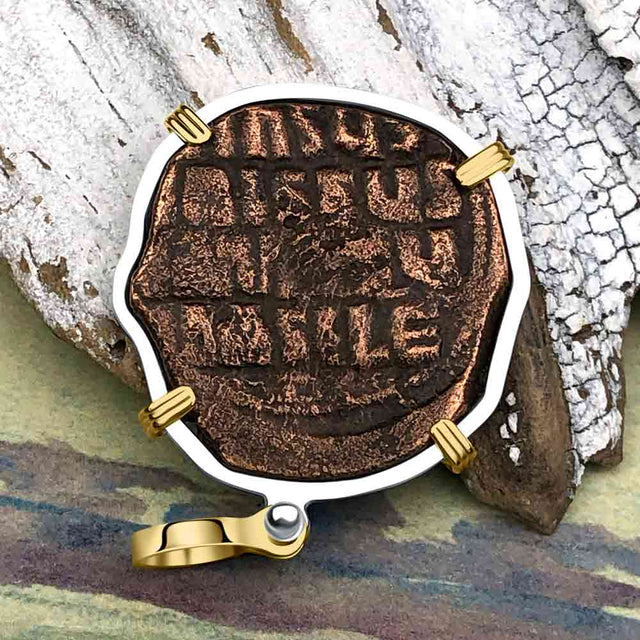 Byzantine Bronze Follis Coin Jesus Christ King of Kings 14K Gold and Sterling Silver Pendant