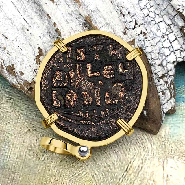 Byzantine Bronze Follis Coin Jesus Christ King of Kings 14K Gold Pendant