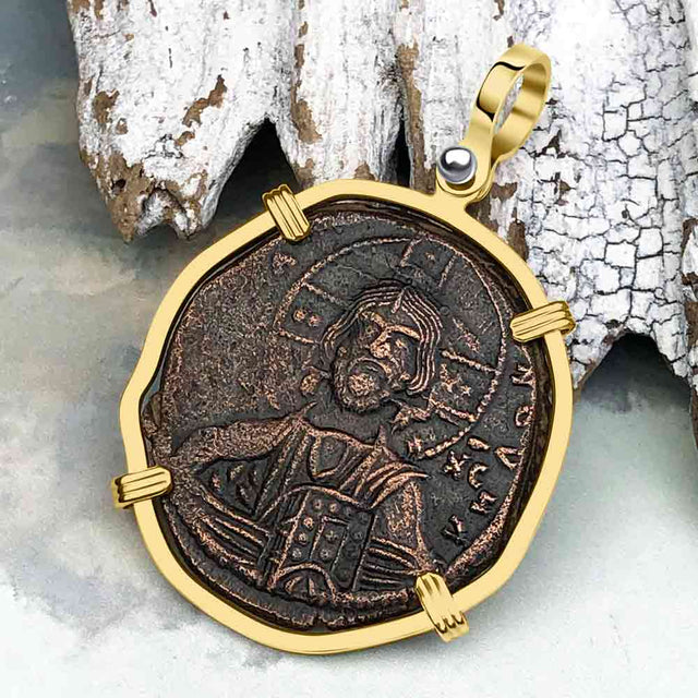 Byzantine Bronze Follis Coin Jesus Christ King of Kings 14K Gold Pendant