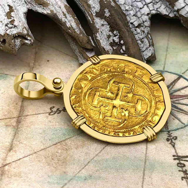 Circa 1550 22K Gold One Escudo - the Legendary Doubloon - 18K Gold Pendant