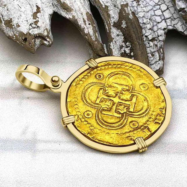 Rarer Pirate Era Circa 1568 22K Gold 2 Escudo - the Legendary Doubloon - 18K Gold Pendant