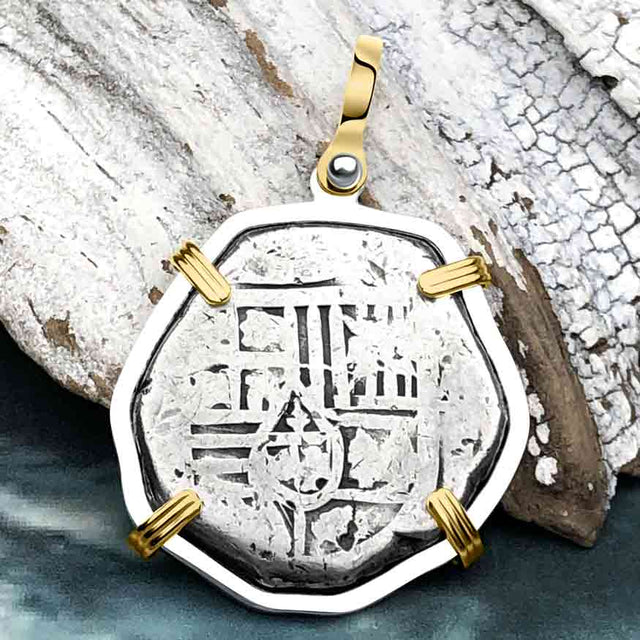 1715 Fleet Shipwreck Spanish 4 Reale Piece of 8 14K Gold and Sterling Silver Pendant
