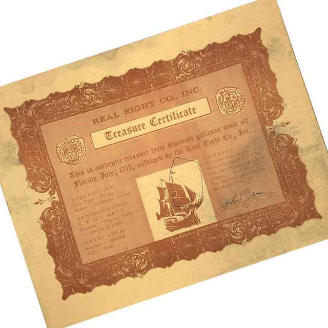 EXTREMELY RARE Real 8 Company Original Certificate 1715 Fleet Shipwreck 8 Reale Piece of Eight 14K Gold Pendant