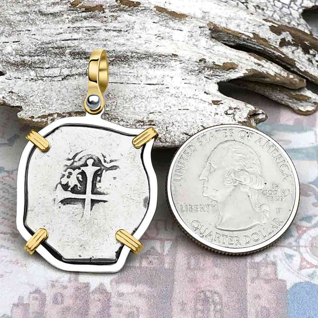 Atocha Era Spanish 2 Reale Cob Piece of 8 14K Gold and Sterling Silver Pendant