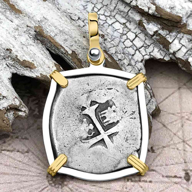 Atocha Era Spanish 2 Reale Cob Piece of 8 14K Gold and Sterling Silver Pendant