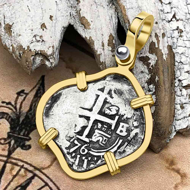 Pirate Era 1676 Spanish 1 Reale Cob Piece of Eight 14K Gold Pendant