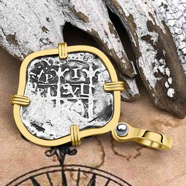 Pirate Era 1676 Spanish 1 Reale Cob Piece of Eight 14K Gold Pendant
