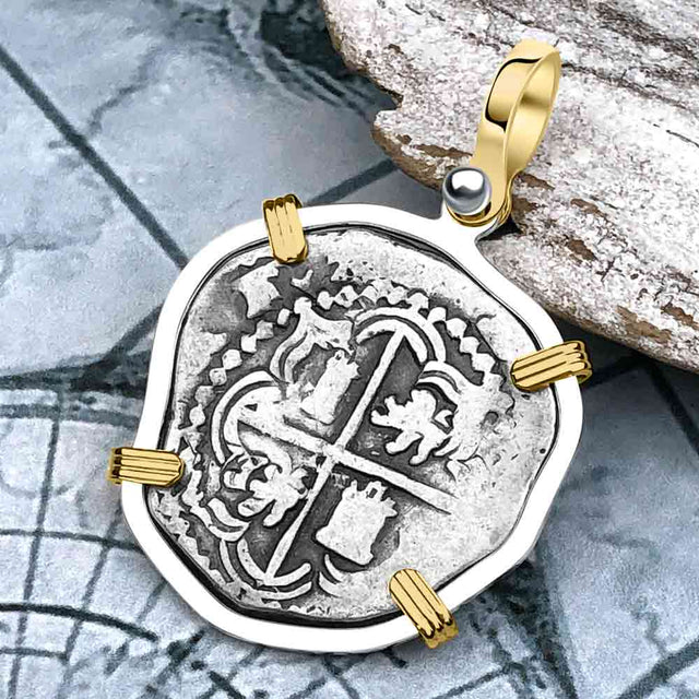 Atocha Era Buried Spanish 2 Reale Piece of Eight 14K Gold and Sterling Silver Pendant