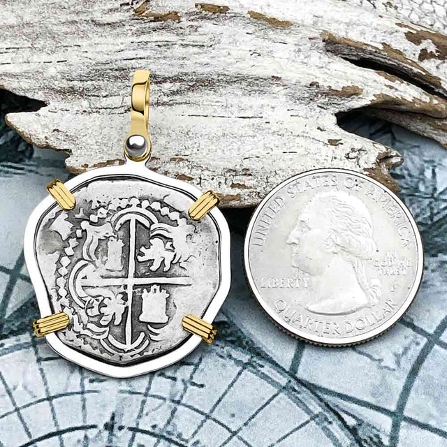 Atocha Era Buried Spanish 2 Reale Piece of Eight 14K Gold and Sterling Silver Pendant