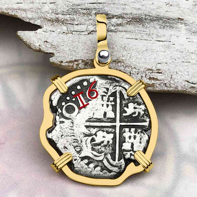 Atocha Era Dated Buried Spanish 2 Reale Piece of Eight 14K Gold Pendant