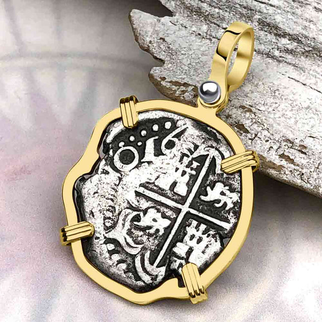 Atocha Era Dated Buried Spanish 2 Reale Piece of Eight 14K Gold Pendant