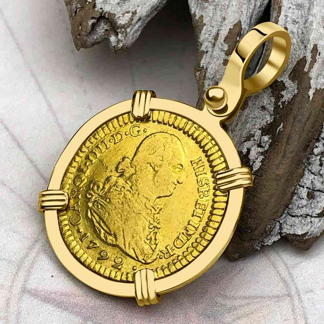 1792 Spanish Gold Portrait One Escudo - the Legendary Pirate Era Doubloon - 18K Gold Pendant