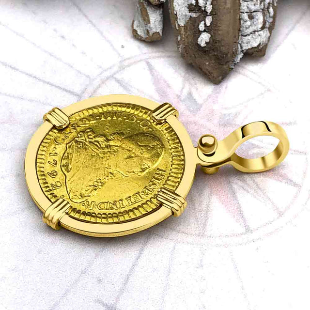 1792 Spanish Gold Portrait One Escudo - the Legendary Pirate Era Doubloon - 18K Gold Pendant