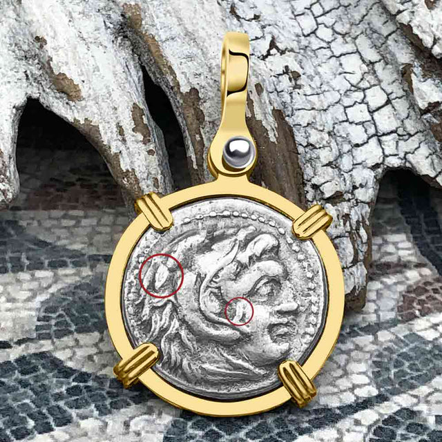 Ancient Greek Alexander the Great Silver Drachm Coin 14K Gold Pendant