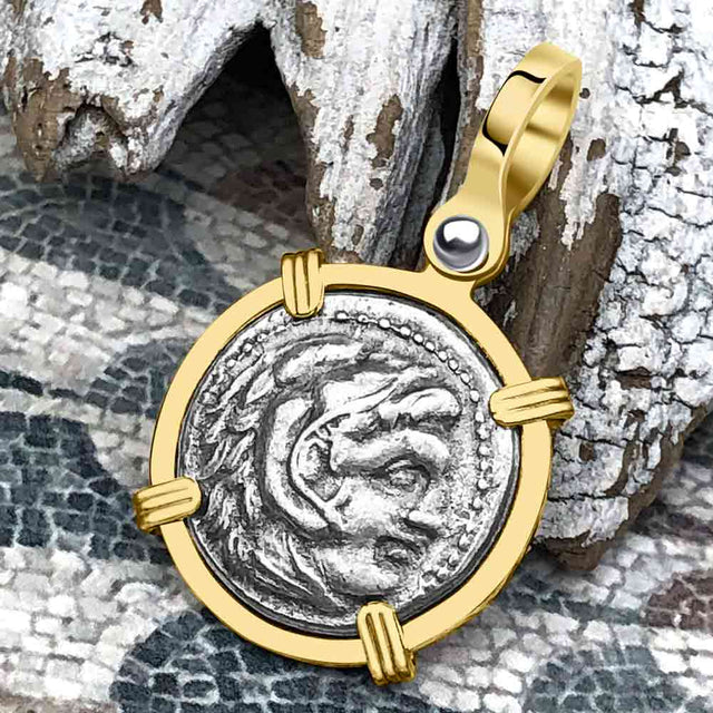 Ancient Greek Alexander the Great Silver Drachm Coin 14K Gold Pendant