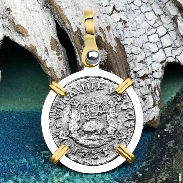 El Cazador Shipwreck 1735 RARE Pillar Dollar 1/2 Reale Piece of 8 14K Gold and Sterling Silver Pendant