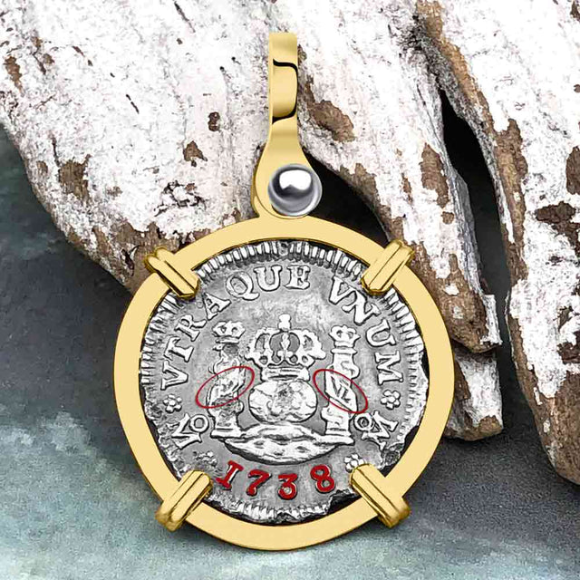 El Cazador Shipwreck 1738 RARE Pillar Dollar 1/2 Reale Piece of 8 14K Gold Pendant