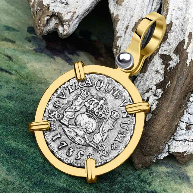 El Cazador Shipwreck 1735 RARE Pillar Dollar 1/2 Reale Piece of 8 14K Gold Pendant