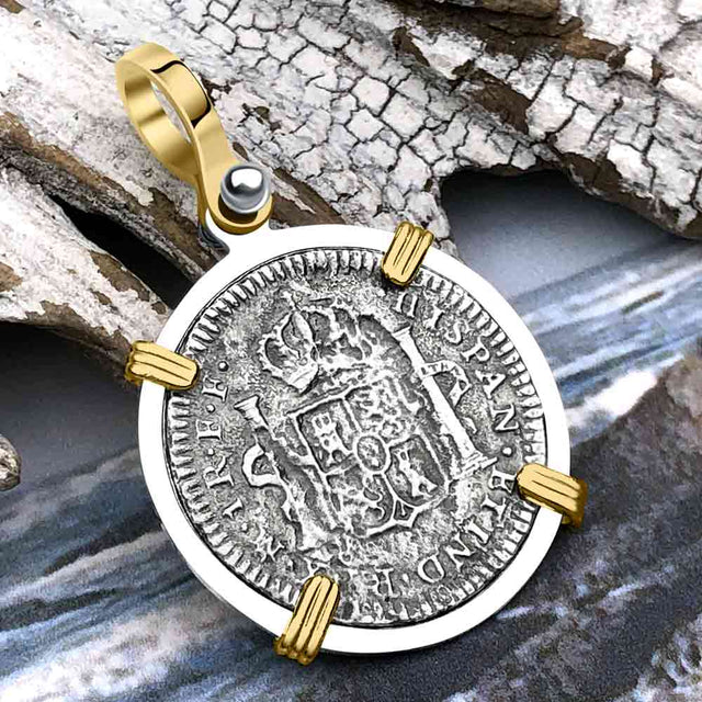 El Cazador Shipwreck 1783 1 Reale Piece of 8 14K Gold & Sterling Silver Pendant