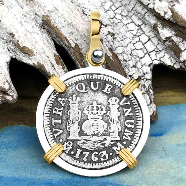 El Cazador Shipwreck 1763 RARE Pillar Dollar 1 Reale Piece of 8 14K Gold and Sterling Silver Pendant
