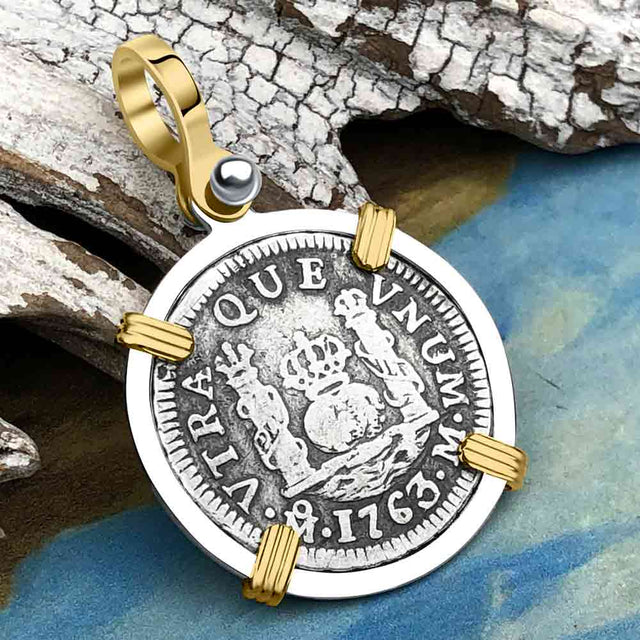 El Cazador Shipwreck 1763 RARE Pillar Dollar 1 Reale Piece of 8 14K Gold and Sterling Silver Pendant