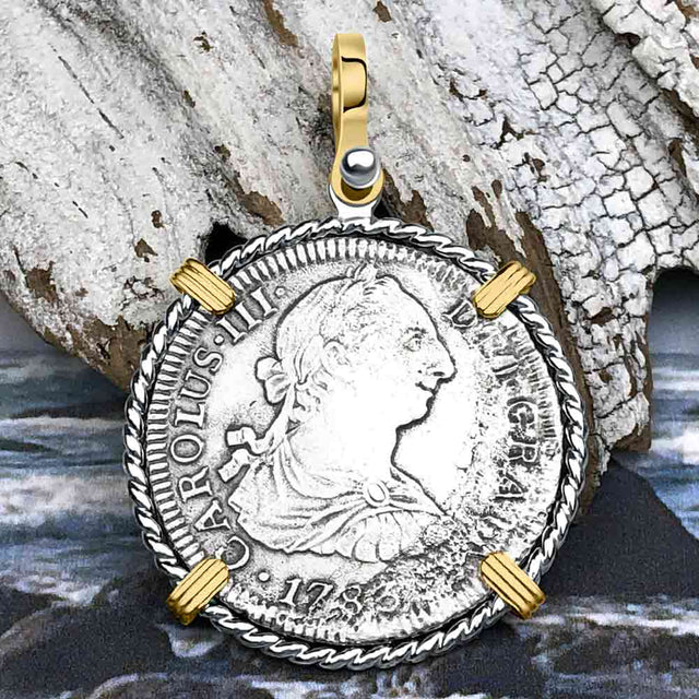 El Cazador Shipwreck 1783 2 Reale Piece of 8 14K Gold & Sterling Silver Pendant