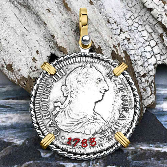 El Cazador Shipwreck 1783 2 Reale Piece of 8 14K Gold & Sterling Silver Pendant