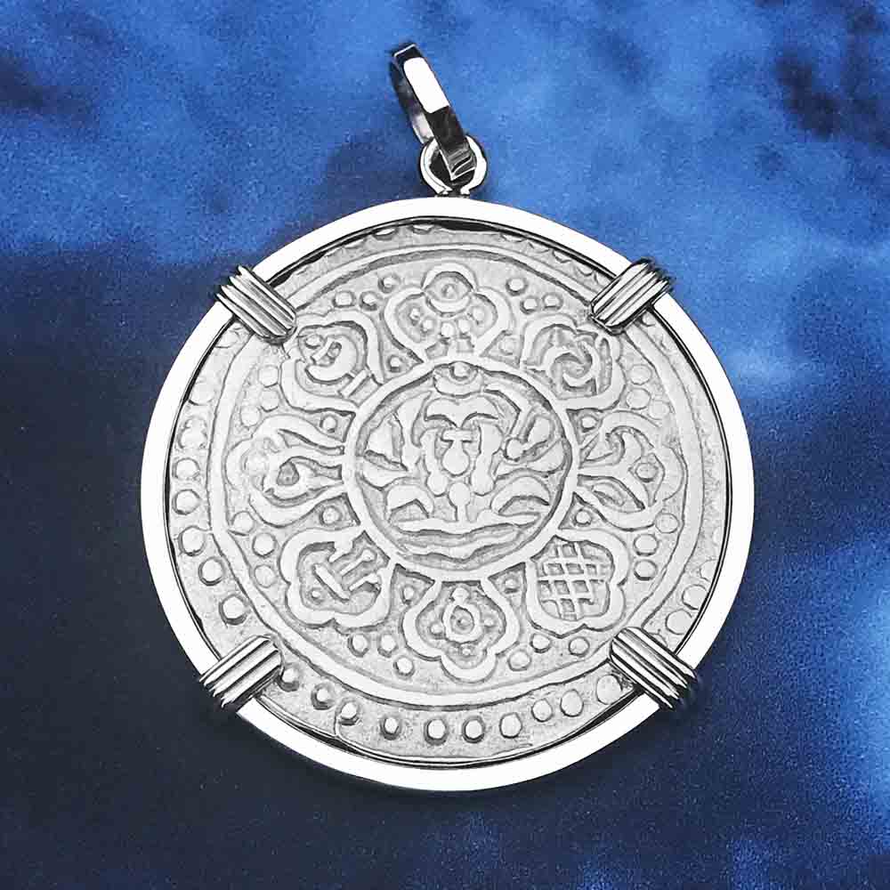 Tibet Ga-den Tanka a Lotus & Buddha's Eight Paths to Enlightenment & Good Fortune Mandala Sterling Silver Necklace