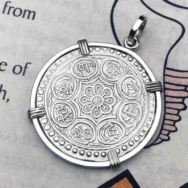 Tibet Ga-den Tanka a Lotus & Buddha's Eight Paths to Enlightenment & Good Fortune Mandala Sterling Silver Necklace