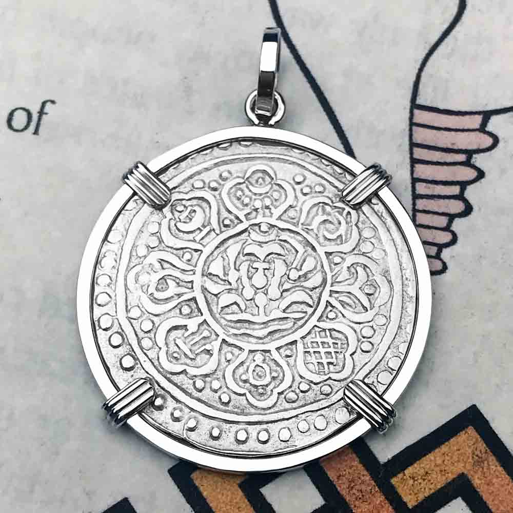 Tibet Ga-den Tanka a Lotus &amp; Buddha&#39;s Eight Paths to Enlightenment &amp; Good Fortune Mandala Sterling Silver Necklace