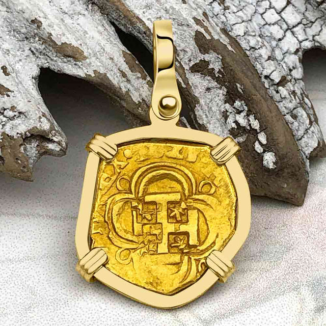 RARE Dated 1623 Pirate Era 22K Gold One Escudo - the Legendary Doubloon - 18K Gold Pendant